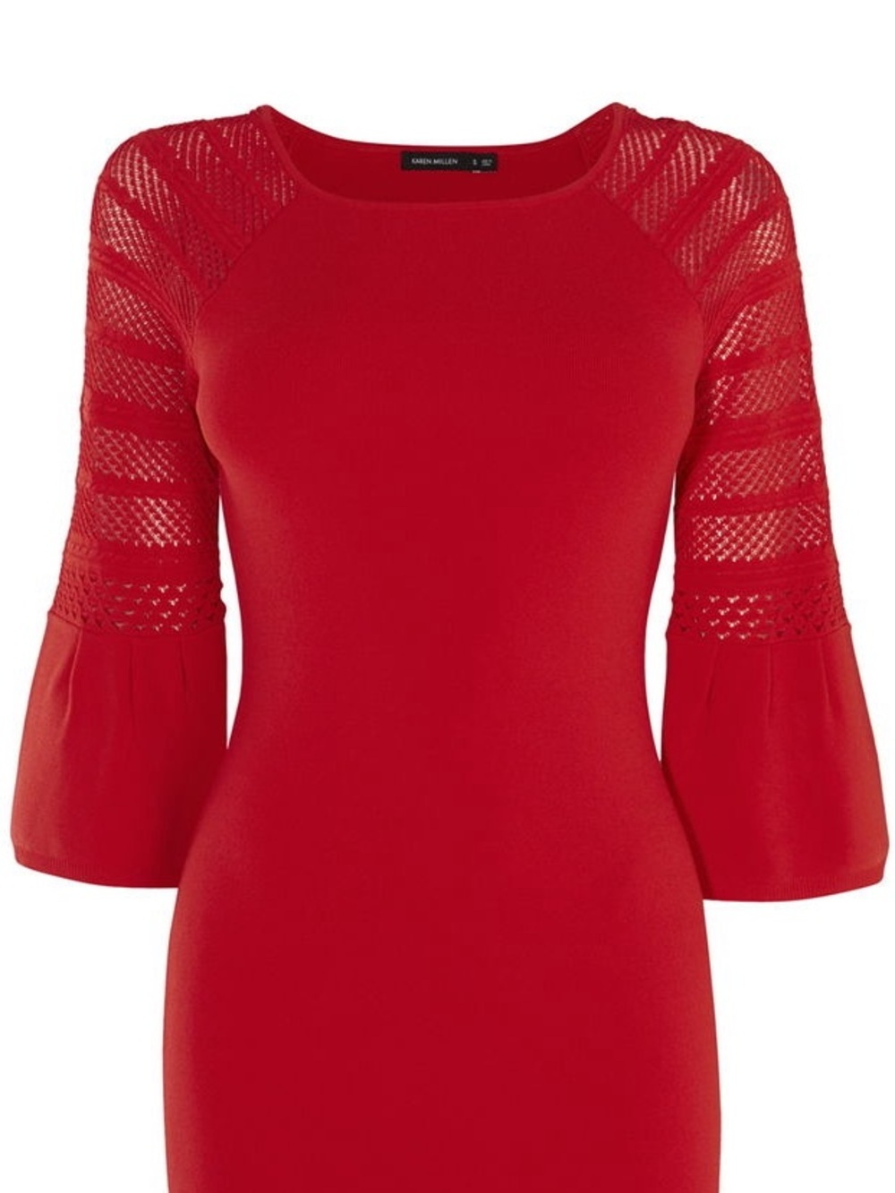 KAREN MILLEN Fluted Sleeve Dress Red Knit Sweater Lace Flared Sleeve Small